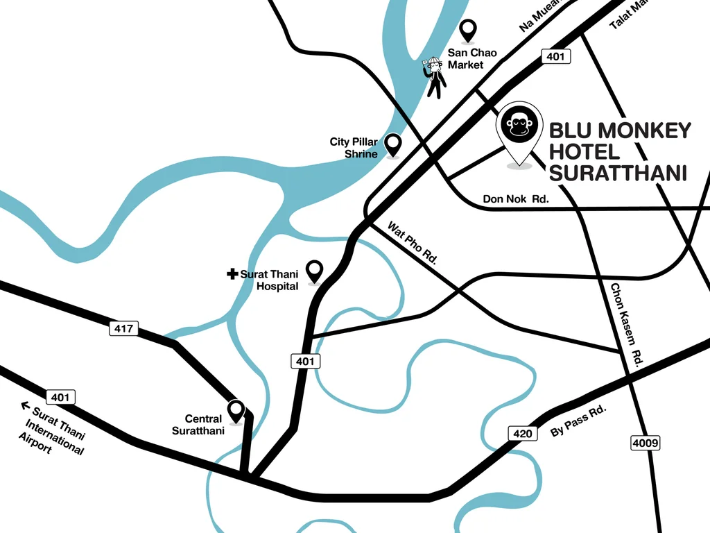 Illustrated map showing Blu Monkey Hub & Hotel Suratthani and nearby city landmarks