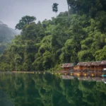 Floating raft houses beside rainforest at Khao Sok National Park